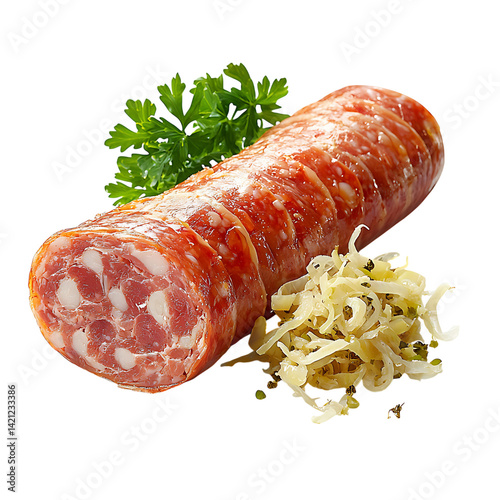 Obraz na płótnie A rolled bundle of smoked ham with visible marbling and tied with string displayed in high detail and clarity on a transparent background with no shadow w salonie