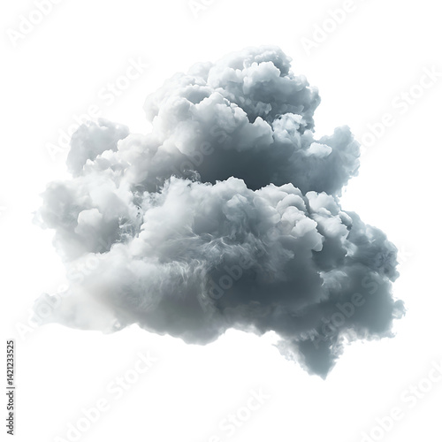 A large dark white fluffy cloud with dramatic shadows and soft contours isolated in high detail and sharp contrast on a clean transparent background