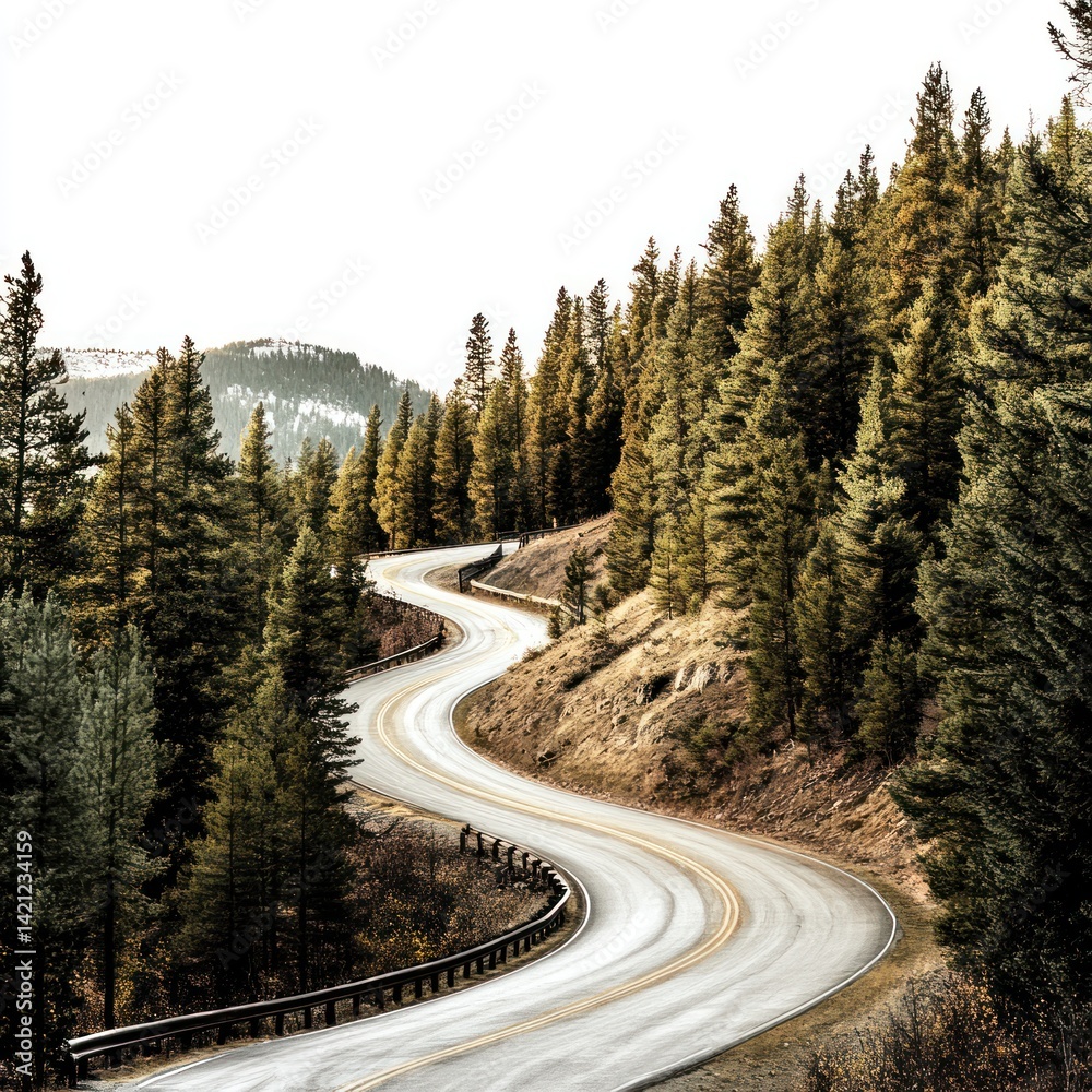 Sinuous road hugging the curves of a forested mountain, high-resolution PNG Sinuous road hugging the curves of a forested mountain, high-resolution PNG