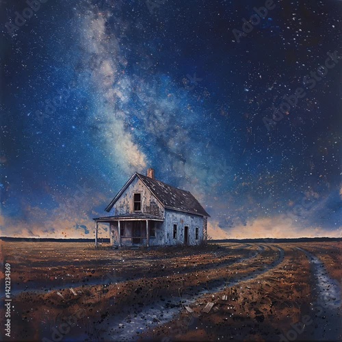 Cinematic video illustration of a rural home under a glowing Milky Way night