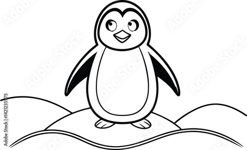 Cartoon Penguin Standing on Snow, Winter Landscape Line Art