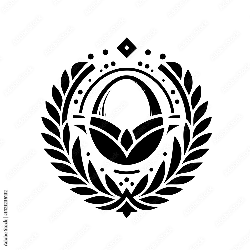 Obraz premium Abstract Black & White Emblem with Stylized Wreath, Egg Shape, and Geometric Elements - Modern Graphic Design
