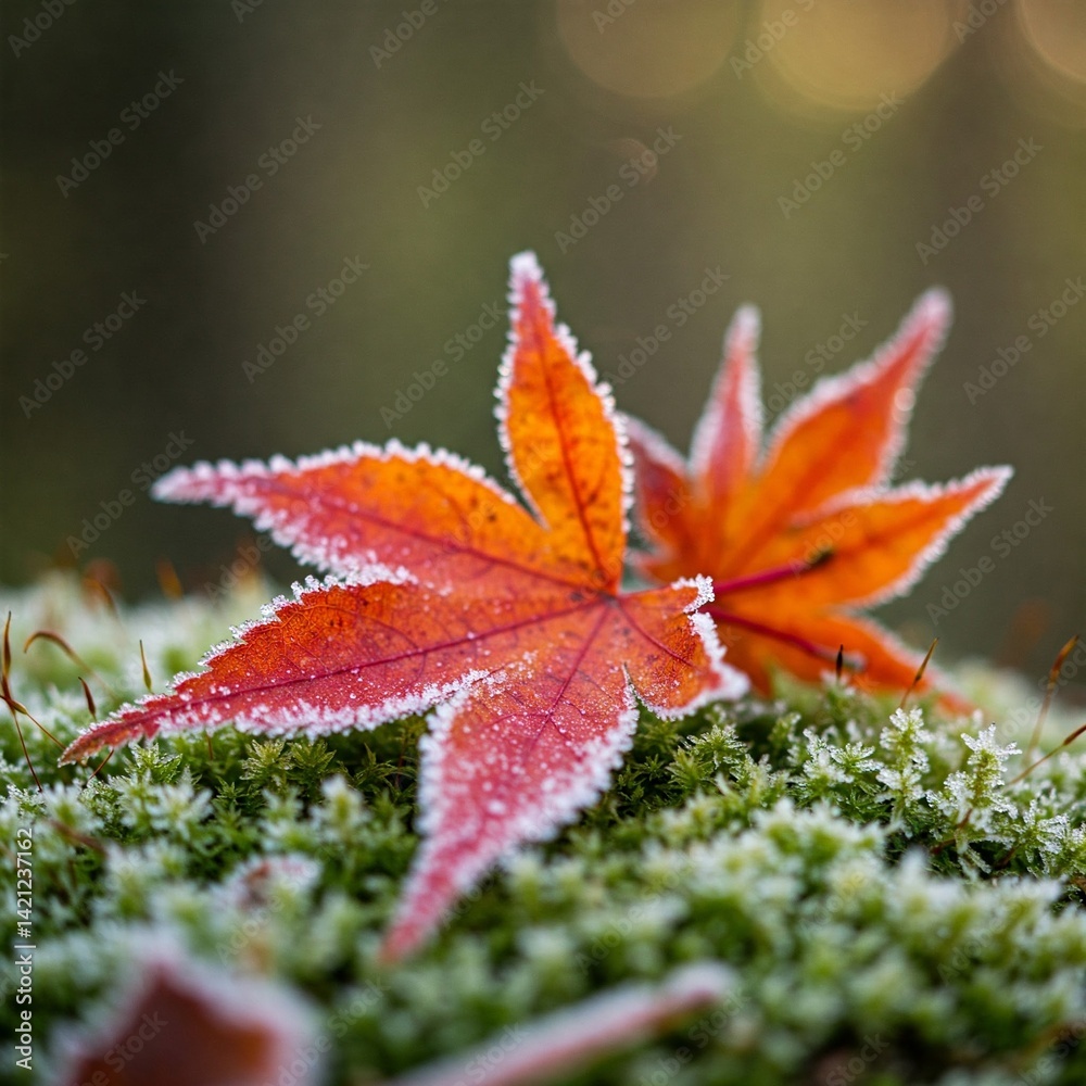 Autumn Forest Floor: Fiery Leaves on Frost-Crusted Moss Autumn Forest Floor: Fiery Leaves on Frost-Crusted Moss