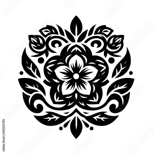 Stylized Black and White Floral Mandala Ornament Illustration. Symmetrical Botanical Design Element.