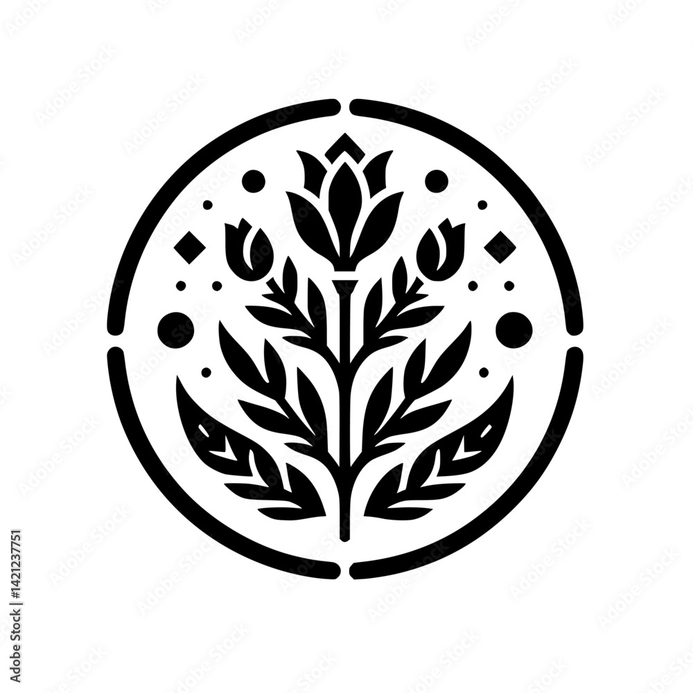 Elegant Black and White Floral Emblem Icon in Segmented Circular Frame - Minimalist Graphic Design