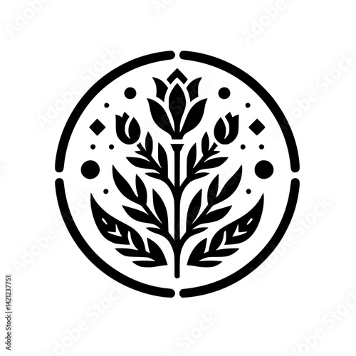 Obraz na płótnie Elegant Black and White Floral Emblem Icon in Segmented Circular Frame - Minimalist Graphic Design w salonie