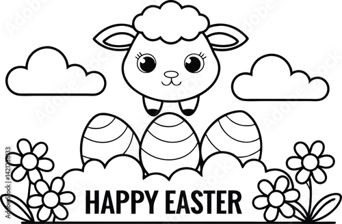 Cute Sheep Over Easter Eggs Clipart, Flowers, Clouds, Happy Easter Text, Line Art