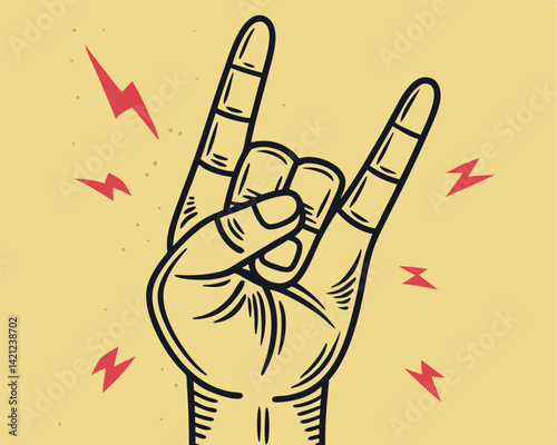 Rock and Roll Hand Sign with Lightning Bolts: Music, Culture, Expression.