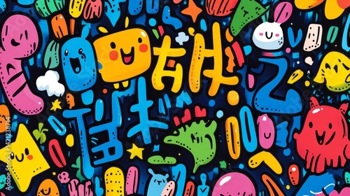Colorful abstract graffiti with cute cartoon characters and chinese words