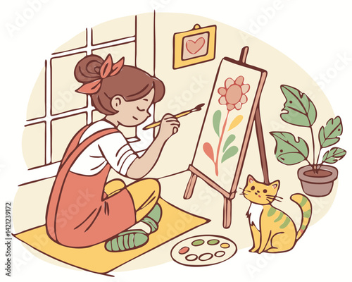 A young female artist painting with a cat