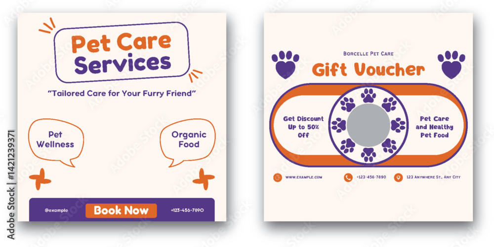 Naklejka premium Whimsical Pet Care Services and Gift Voucher Social Media Design Layout