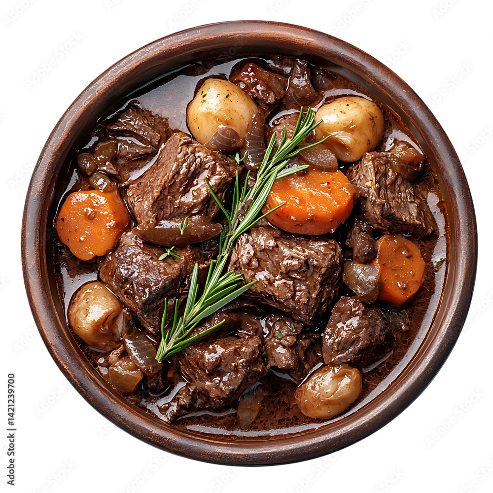 A serving of Boeuf Bourguignon with beef chunks potatoes carrots onions and herbs in a rich sauce inside a dark bowl photographed from top on a transparent background