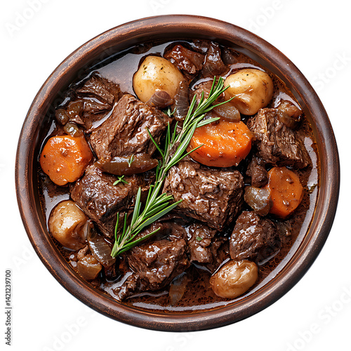 Obraz na płótnie A serving of Boeuf Bourguignon with beef chunks potatoes carrots onions and herbs in a rich sauce inside a dark bowl photographed from top on a transparent background w salonie