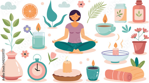 Meditation & Wellness Illustration: Woman in Lotus Pose, Candles, Plants, & Spa Elements - Vector Art for Relaxation & Mindfulness