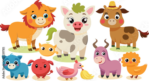 Cute Farm Animals Cartoon Vector Illustration: Horse, Pig, Cow, Bull, Duck, Chicken, Lamb, for Kids, Nursery Decor, Clipart, Graphic Design
