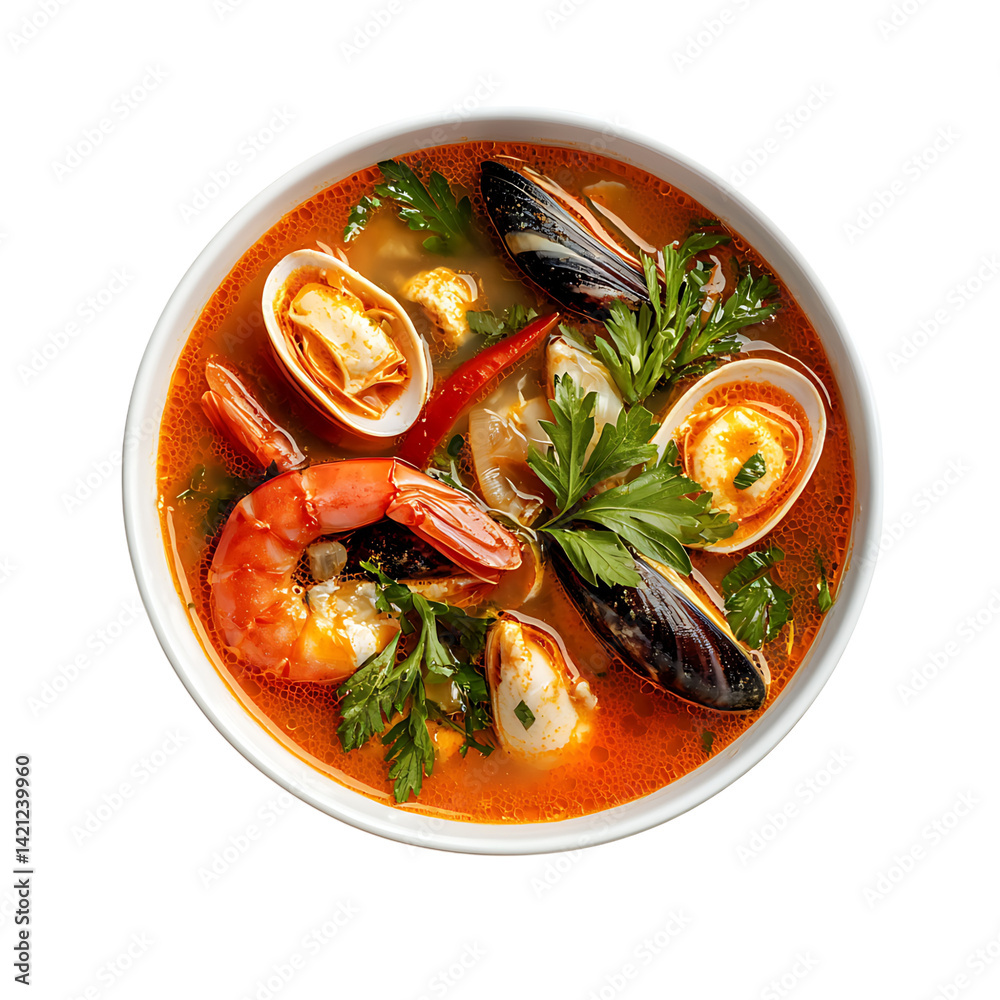 A bowl of bouillabaisse soup featuring shrimp mussels clams and vegetables in rich tomato broth with parsley garnish viewed from above on a transparent background