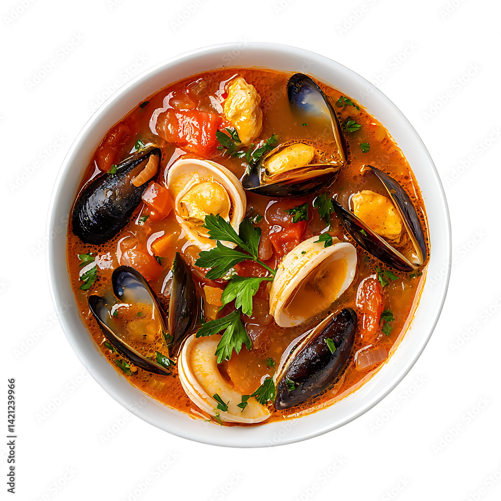 A bowl of bouillabaisse soup featuring shrimp mussels clams and vegetables in rich tomato broth with parsley garnish viewed from above on a transparent background