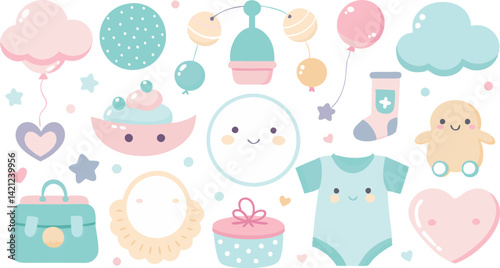 Cute Baby Shower Clipart Set: Pastel Nursery Graphics, Newborn Vector Elements, Baby Clothes, Toys, Cloud, Heart, Stars, Kawaii Style Illustration