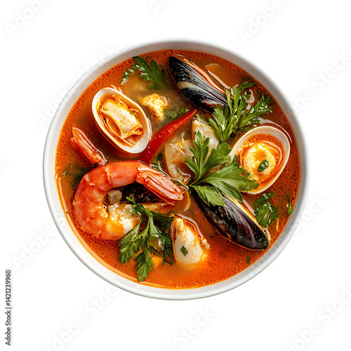 Obraz na płótnie A bowl of bouillabaisse soup featuring shrimp mussels clams and vegetables in rich tomato broth with parsley garnish viewed from above on a transparent background w salonie