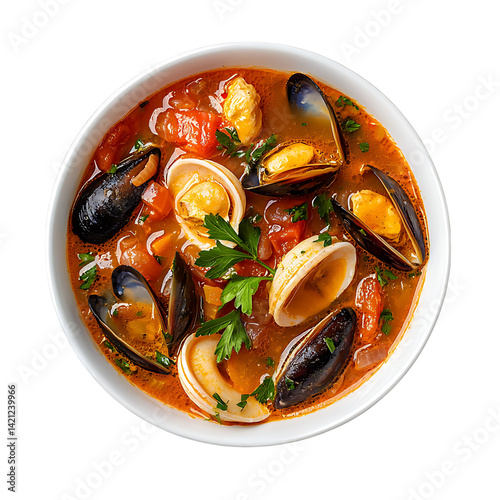 Obraz na płótnie A bowl of bouillabaisse soup featuring shrimp mussels clams and vegetables in rich tomato broth with parsley garnish viewed from above on a transparent background w salonie