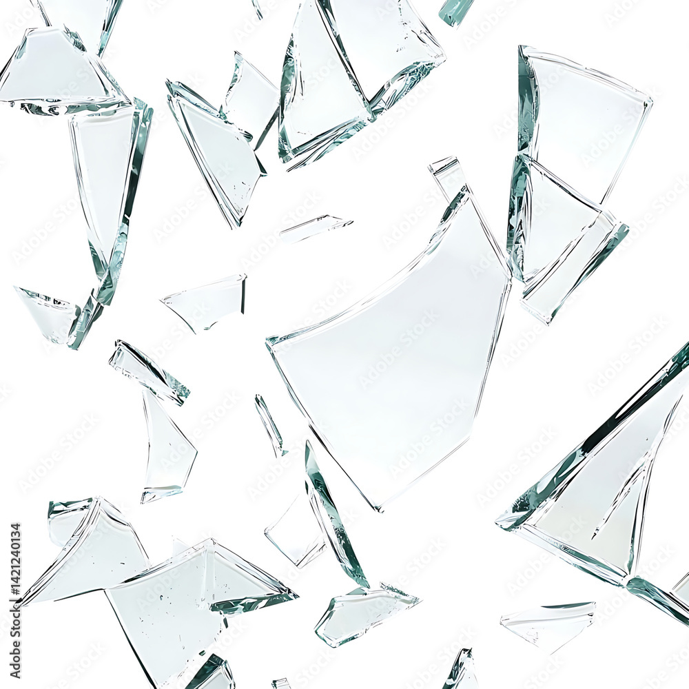 Multiple sharp broken glass pieces and shards arranged randomly in high detail and clarity over a clean transparent background with jagged edges and cracks visible