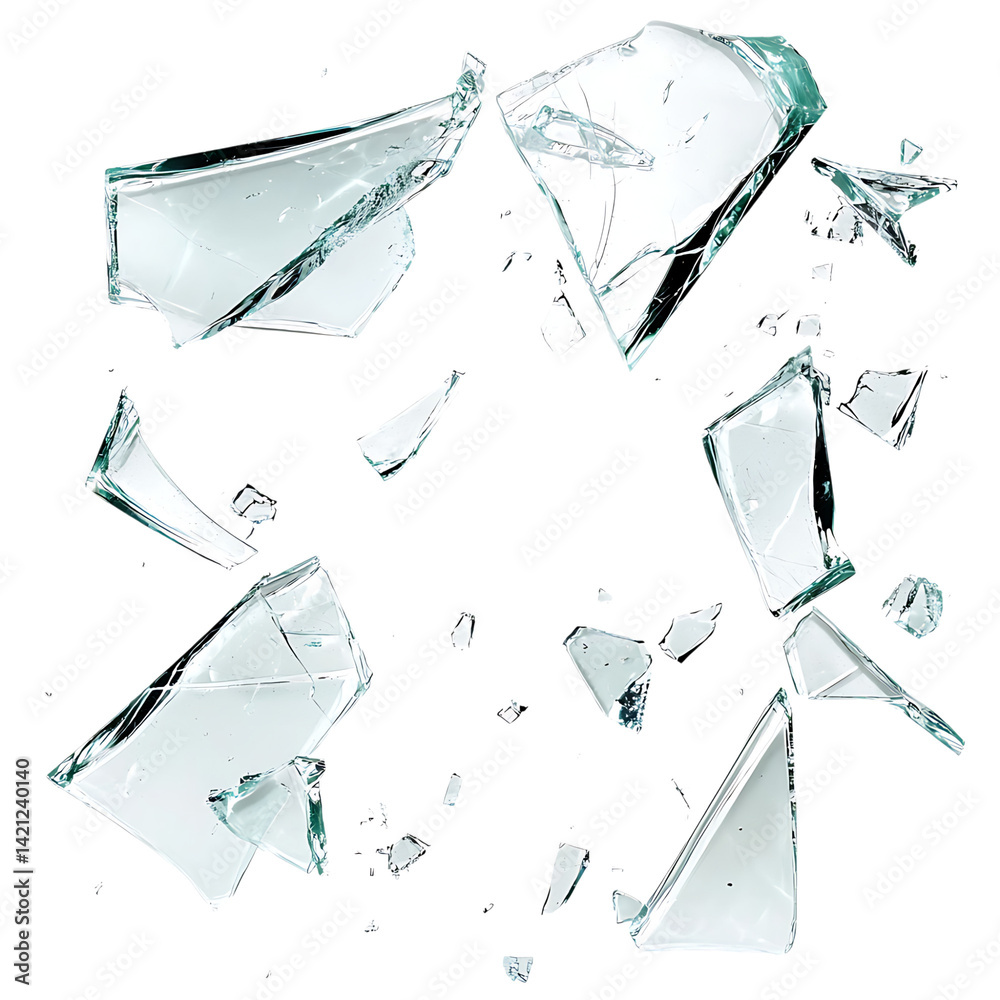Multiple sharp broken glass pieces and shards arranged randomly in high detail and clarity over a clean transparent background with jagged edges and cracks visible