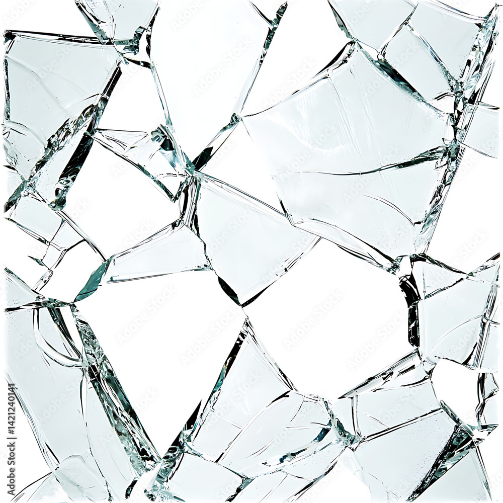 Multiple sharp broken glass pieces and shards arranged randomly in high detail and clarity over a clean transparent background with jagged edges and cracks visible