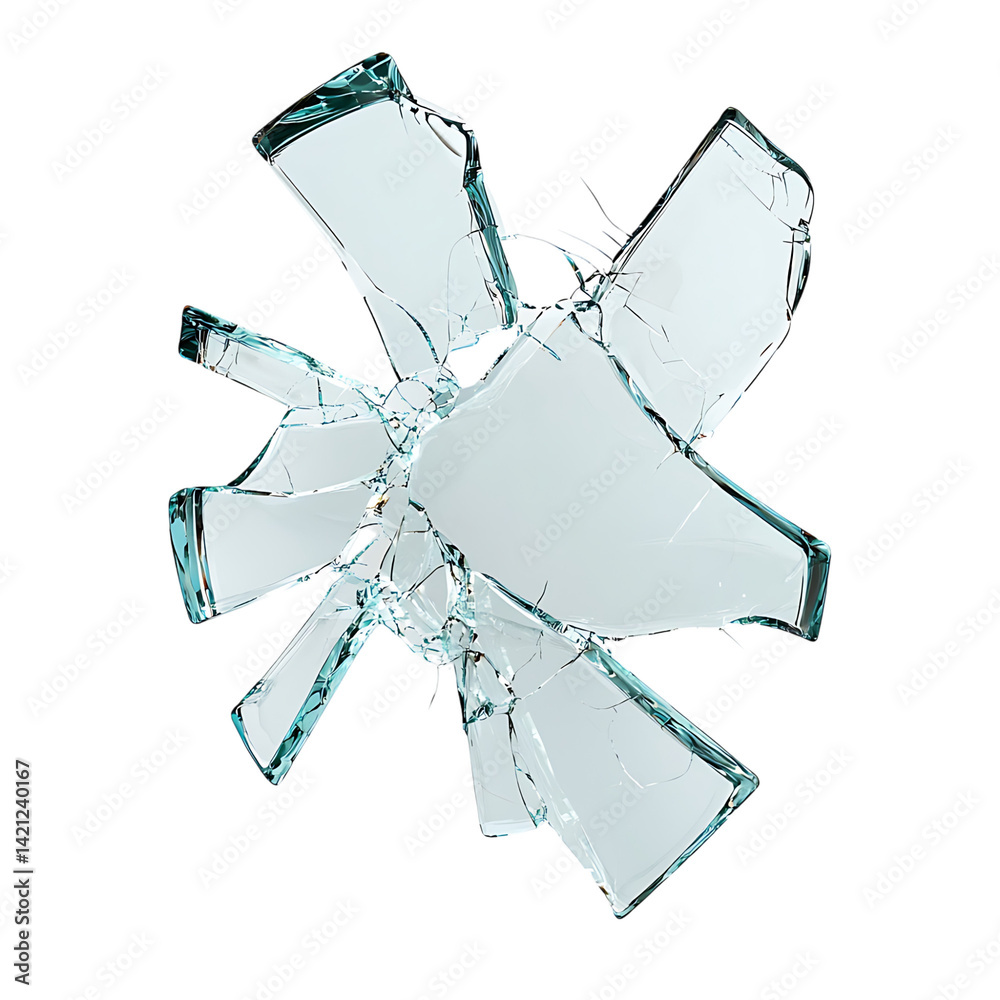 Multiple sharp broken glass pieces and shards arranged randomly in high detail and clarity over a clean transparent background with jagged edges and cracks visible