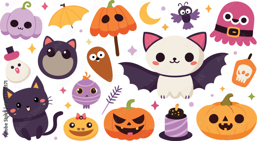 Fototapeta premium Cute Halloween Clipart: Kawaii Pumpkins, Bats, Cats, Ghosts & Spooky Elements - Vector Graphics for Halloween Designs & Crafts