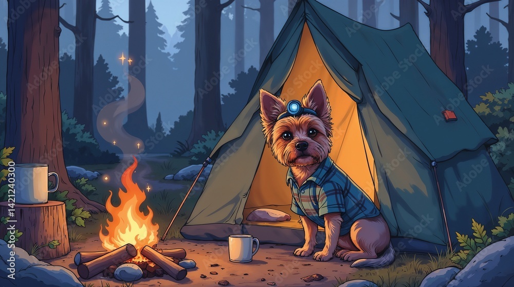 Camping dog wearing plaid shirt sitting by the campfire
