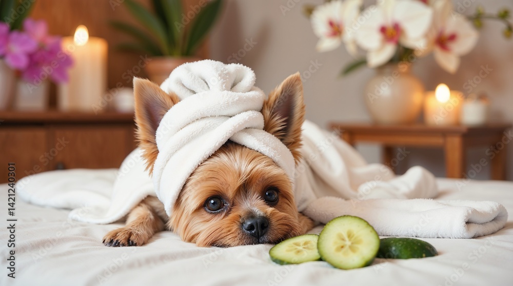Relaxed dog enjoying spa treatment with cucumbers in calming room