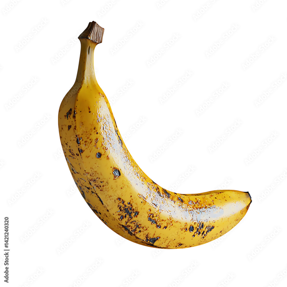 A single curved yellow banana with intact stem and smooth peel isolated on a transparent background in clean and realistic high resolution presentation