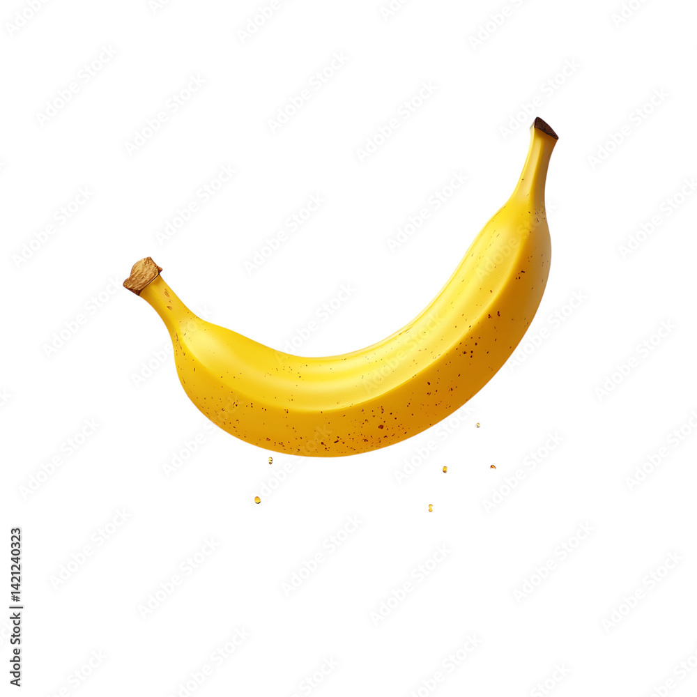 A single curved yellow banana with intact stem and smooth peel isolated on a transparent background in clean and realistic high resolution presentation