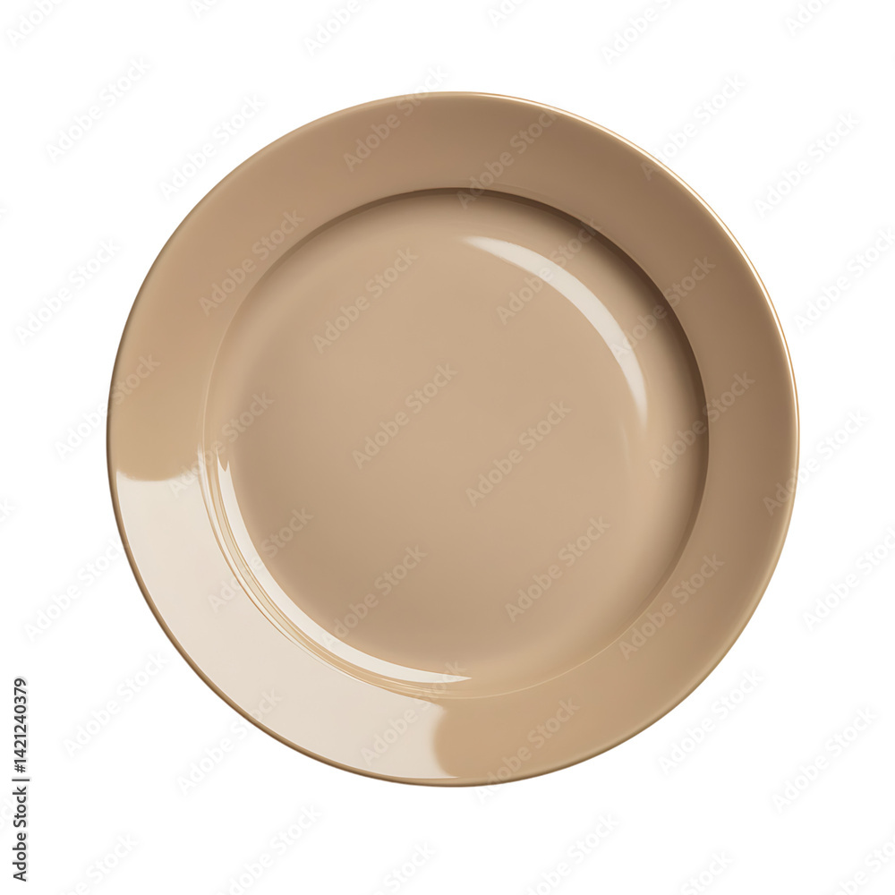 A round beige ceramic plate with glossy surface and smooth edge viewed from above in a clean minimal style on a white transparent background without any food