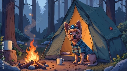 Obraz na płótnie Camping dog wearing plaid shirt sitting by the campfire w salonie