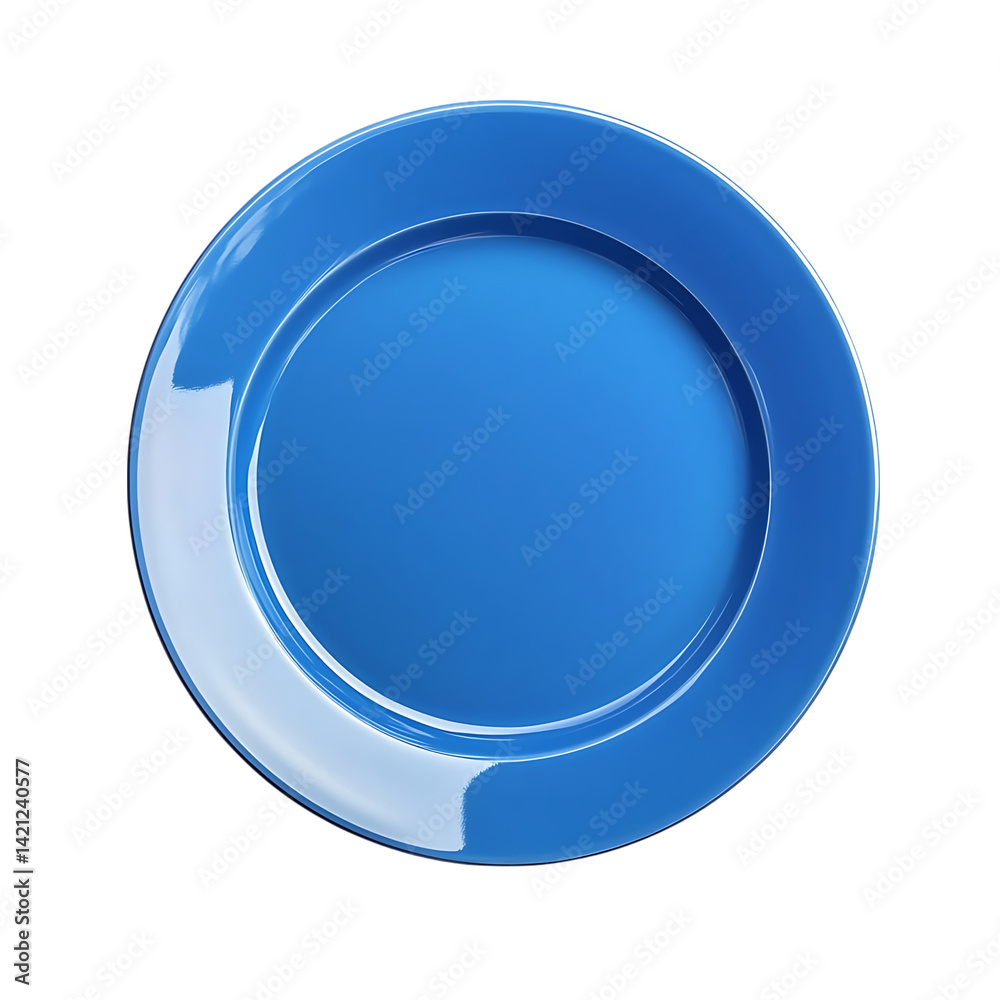 A clean glossy blue round ceramic plate viewed directly from above on a transparent background showing its smooth shiny surface with no food content
