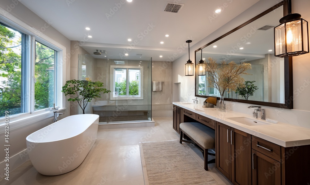 Fototapeta premium Modern bathroom with large windows and a soaking tub