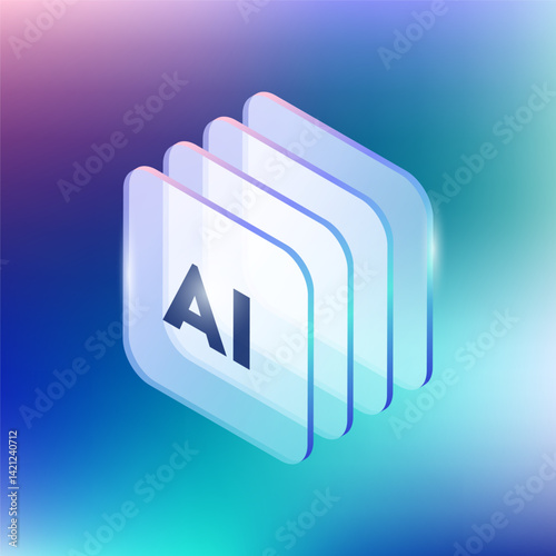 Futuristic AI Square shape with Layer Glasses Panels Effect in Isometric for Artificial Intelligence Machine Learning, Tech Innovation for Digital Assistant Science Technology in Glassmorphism.