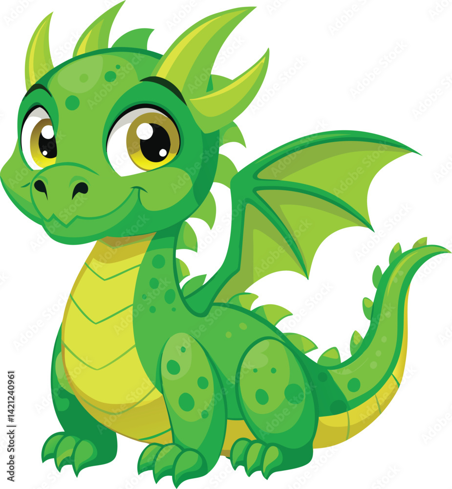 Fototapeta premium Cute Green Dragon Cartoon Vector Illustration: Friendly Baby Dragon Character with Wings, Horns, and Big Eyes for Kids Design