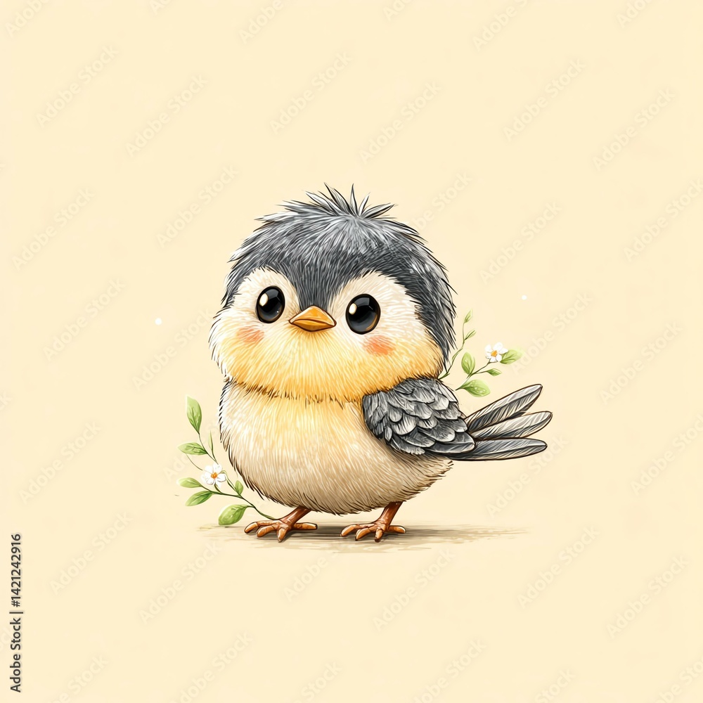 Naklejka premium Bird thread staring Cute cartoon bird with fluffy feathers. bird meme reaction