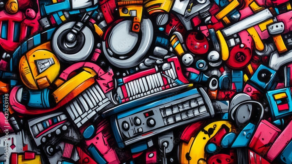 Vivid colorful abstract illustration featuring musical instruments and other objects Vivid colorful abstract illustration featuring musical instruments and other objects