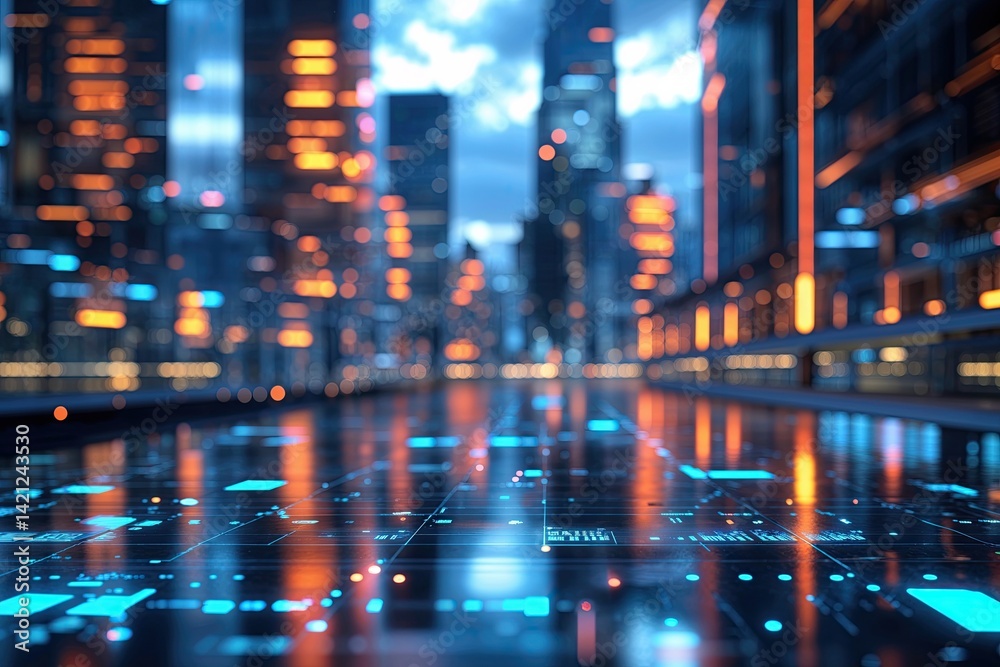 Obraz premium Futuristic Urban Crypto Trading Display with Light Reflections and Blurred City Skyline