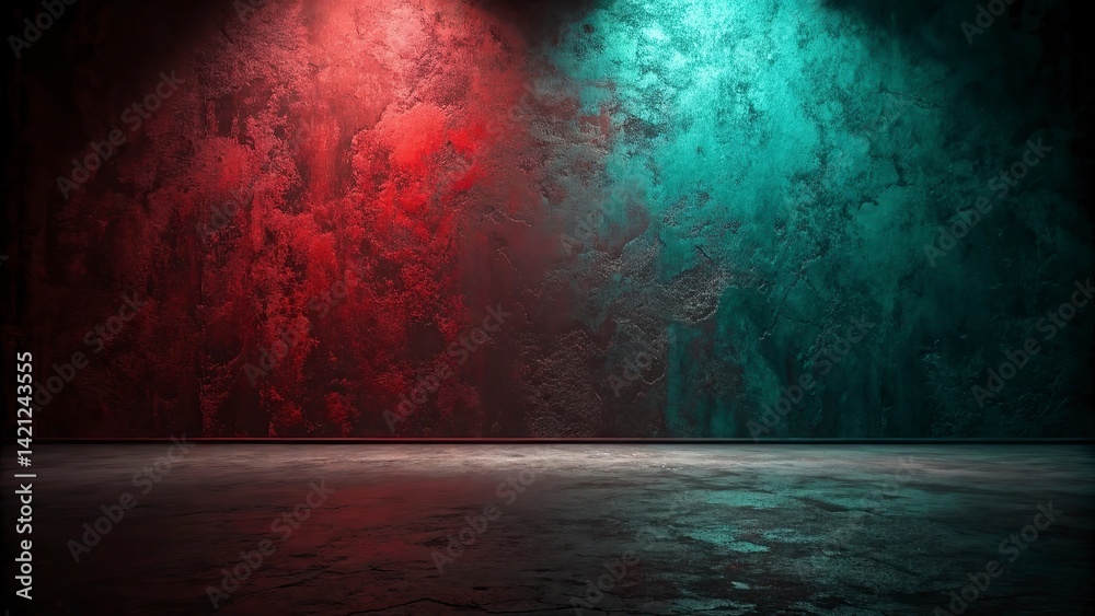 Fototapeta premium Empty room with red and blue spotlights on grunge concrete wall Old grunge wall with wooden floor and spotlights. 3D rendering