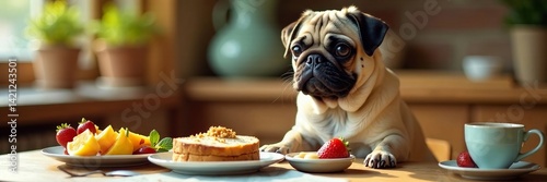 A charming pug dog enjoys a delightful breakfast spread on a rustic wooden table.