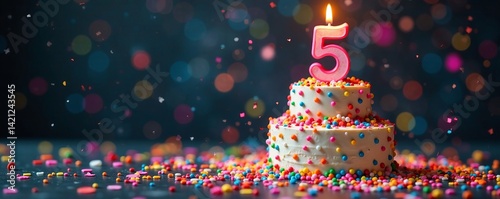 A colorful birthday cake with candle and sprinkles celebrating a child's fifth birthday.