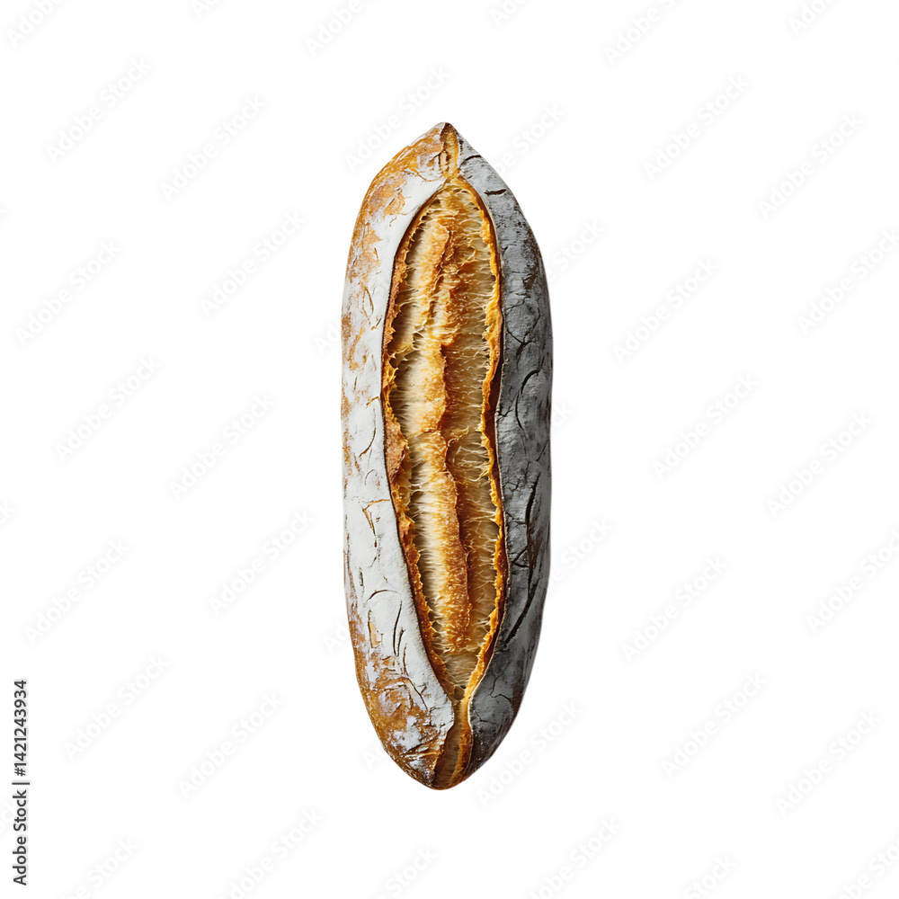 A single golden brown baguette with crisp crust and soft interior shown in a full top view baked to perfection isolated on a transparent background