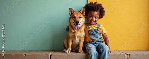 A joyful child sits beside a friendly dog against colorful walls, embodying happiness.