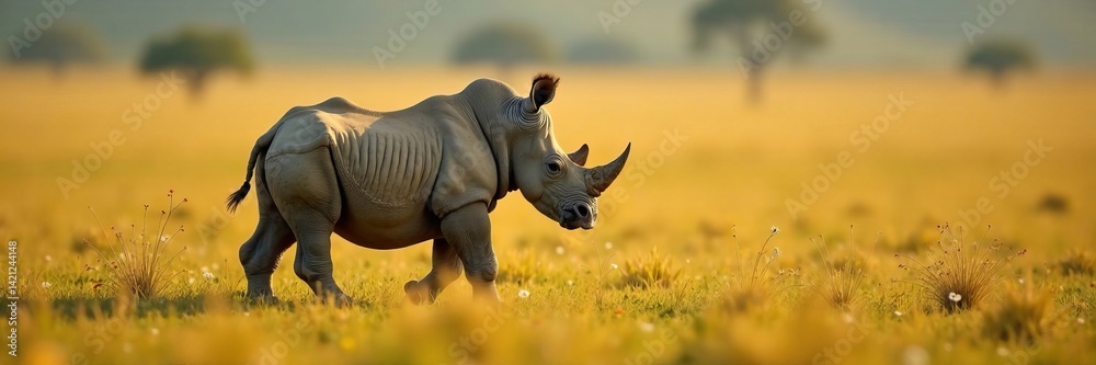 Fototapeta premium A majestic rhinoceros walking through a golden grassland in the wild.