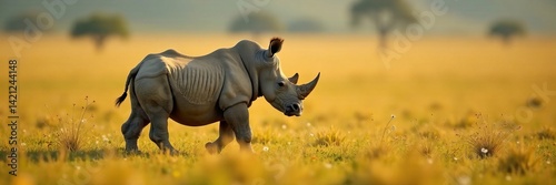 A majestic rhinoceros walking through a golden grassland in the wild.