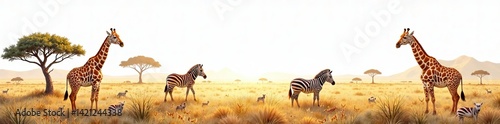 A peaceful scene with giraffes and zebras in a serene golden landscape.